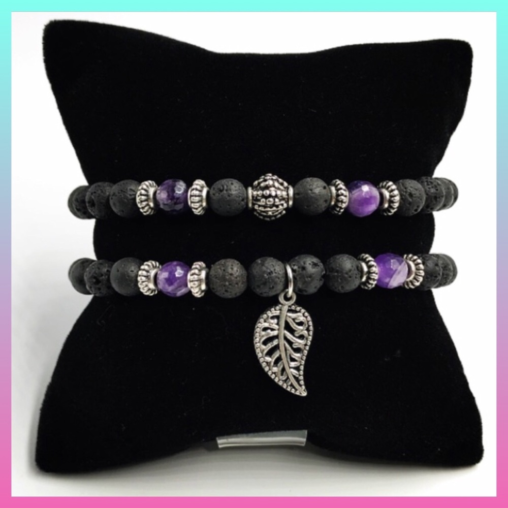Genuine Amethyst & lava rock leaf bracelets set